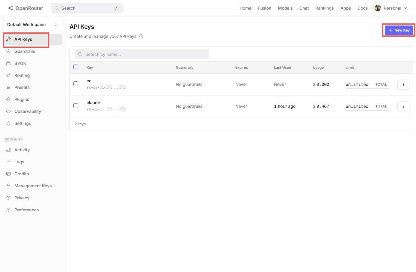 OpenRouter API Key 页面